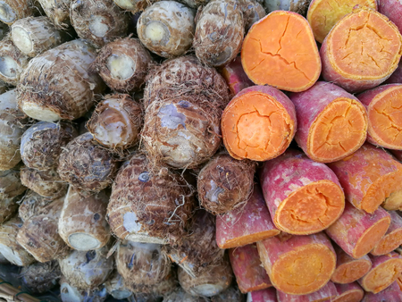 Boiled Sweet Potato and Taro. Traditional Street Food. Mobile phone stock photosの写真素材