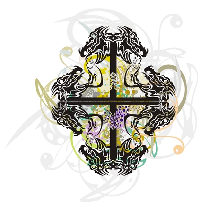 Tribal abstract cross formed by the dragon heads with splashesのイラスト素材