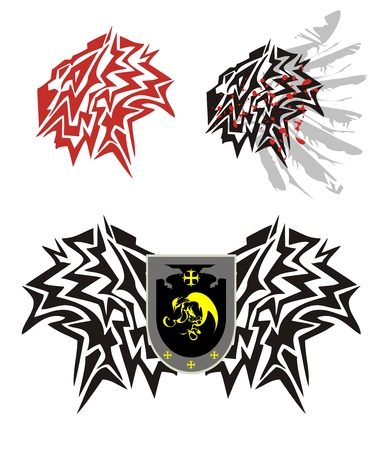 Peaked lion head. Options of the lions heads in tribal style. The lion head with a wing and blood drops and the peaked lions heads with a dragon shieldのイラスト素材