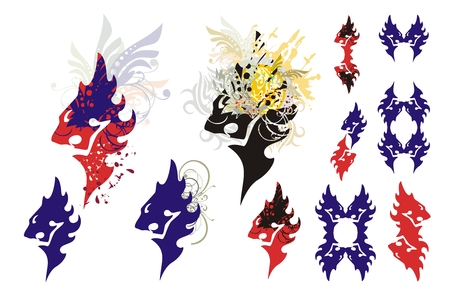 Lions head symbols isolated on a white background. Tribal roaring lion head symbols with splashes and lions elementsのイラスト素材