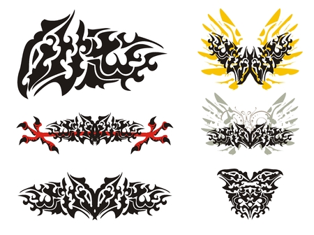Freakish tribal dragon butterfly set. Freakish awful dragon symbols isolated on a white backgroundのイラスト素材