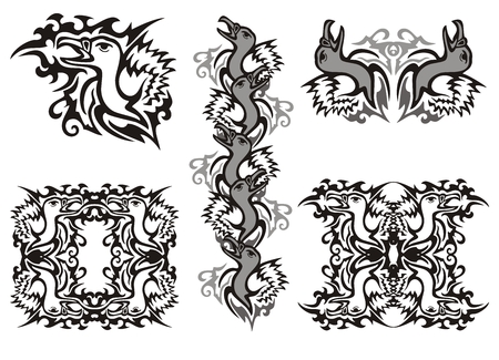 Tribal white-headed vulture symbols and white-headed vulture framesのイラスト素材