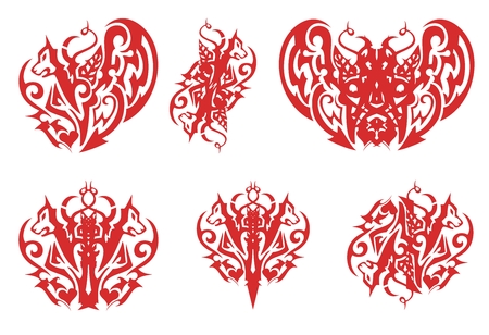Tribal red wolf heart, wolf crown, devil butterfly and other wolf symbolsのイラスト素材