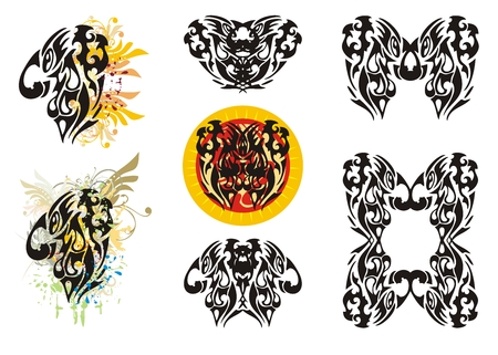 Abstract freakish elements. Tribal fun head with splashes, a frame and other symbols on a white backgroundのイラスト素材