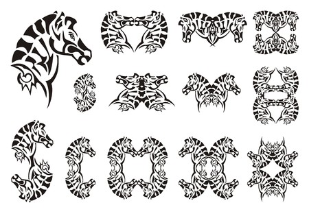 Tribal zebra head symbols. Set of vector zebra head on a white background. Tattoo, symbol, zebra frame or elementのイラスト素材