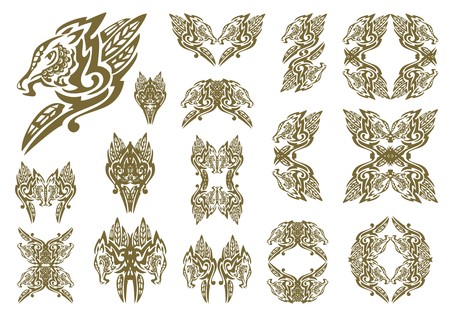 Tribal dragon symbols in leaves form. Set of decorative dragon head, dragon frames and other symbols formed from itのイラスト素材
