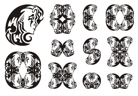 Tribal girl moon and symbols from it. Girl's face in the moon form and decorative symbols from it. Black on the whiteのイラスト素材