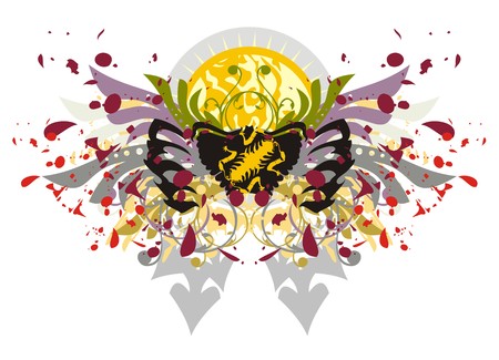 Floral butterfly with blood drops and decorative sun. Grunge butterfly with ornate peaks against a rising sunのイラスト素材