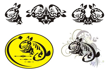 Rabbit and egg - Easter symbols in tribal style. The decorative stylized baby rabbit head, decorative yellow Easter egg and rabbit in a retro style with floral elementsのイラスト素材