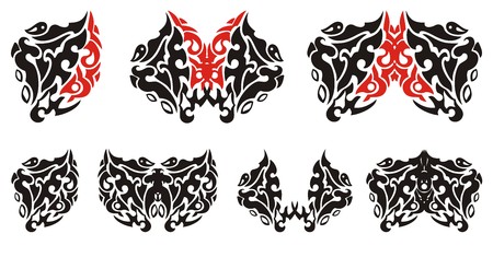 Decorative heart and butterflies from it. Set of the graphic stylized symbols in the form of hearts and butterflies. Black and red on whiteのイラスト素材