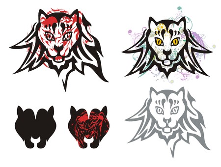 Tribal cat's head symbols. Abstract symbols of the cat's heads. Grunge head of a cat and icons of the cat's headのイラスト素材