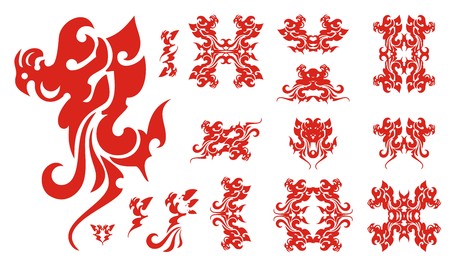 Flaming phoenix symbols. The stylized Phoenix set in red and white options for your designのイラスト素材