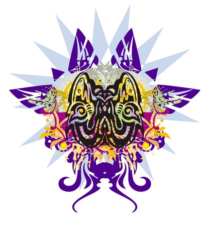 Grunge twirled sharks. Two tribal sharks with colorful splashes against the background of a starのイラスト素材