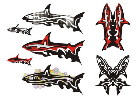 Tribal shark set. Double shark symbol, a shark with dots, a shark with colorful circlesのイラスト素材