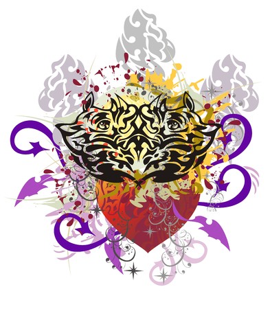 Grunge rhino heart with arrows. The heart formed by the heads of rhinoceroses against the decorative sun and red heart with colorful splashes and blood dropsのイラスト素材