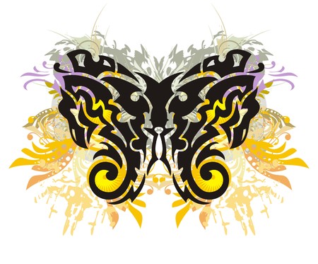 Eagle butterfly splashes. Grunge tribal butterfly with floral elementsのイラスト素材