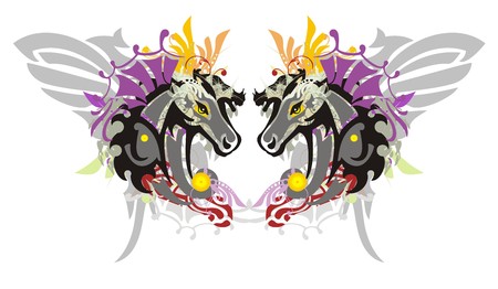 Colorful horse heads in the heart form. Grunge abstract stylized unusual horse heart with floral splashesのイラスト素材