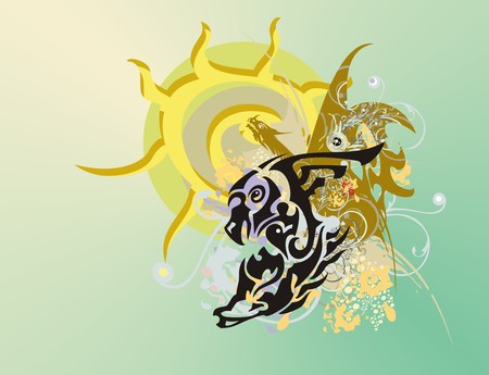 Eagle-horse symbol against the ornate sun. Abstract symbol in the form of the head of an eagle and the head of a horse with a gold winged dragon and colorful splashes on a light green backgroundのイラスト素材