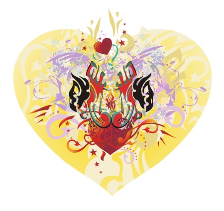 Ornate eagle heart. The heads of eagles with open wings against red heart with arrows, asterisks and the floral twirled elements. Tribal eagles against the background of big decorative orange heartのイラスト素材