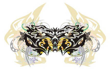 Unusual colorful dragon butterfly splashes. Tribal butterfly formed by the heads of a dragon and the female heads with colorful floral elementsのイラスト素材