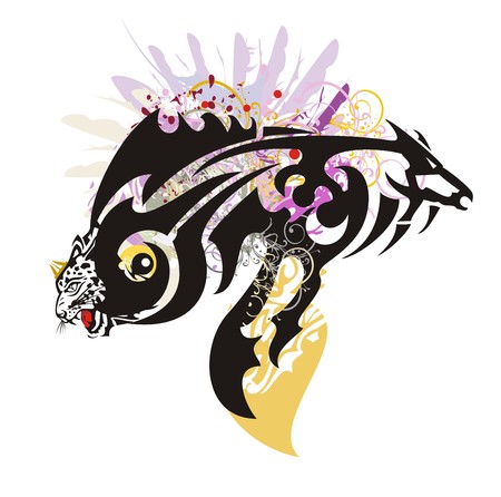 Abstract fish symbol. Tribal fantastic symbol in the form of fish formed by the leopard head and the horse head with colorful floral splashes and feathersのイラスト素材