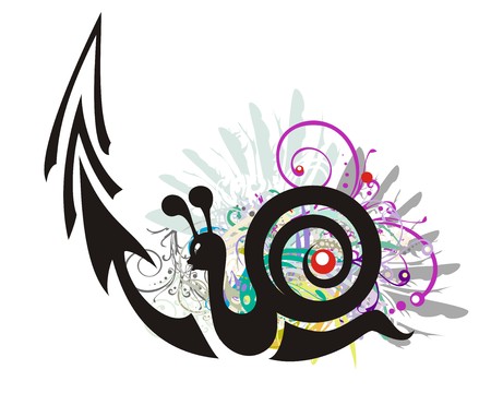 Black snail symbol with an arrow in grunge style. The snail aspiring up with floral elements and colorful feathers - slow business growth financial symbolのイラスト素材