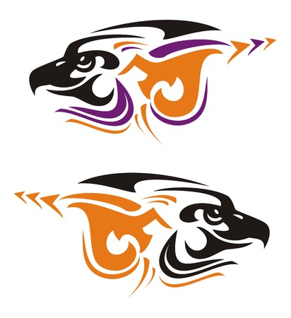 Two tribal eagle head symbols. Vector eagle icons in black-violet-orange tonesのイラスト素材