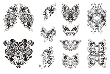 Ornate detailed twirled eagle symbols. Tribal set of linear eagle symbols for your designのイラスト素材