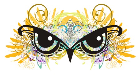 Owl eyes with floral elements splashes. Unusual owl eyes against eagle feathers in grunge styleのイラスト素材