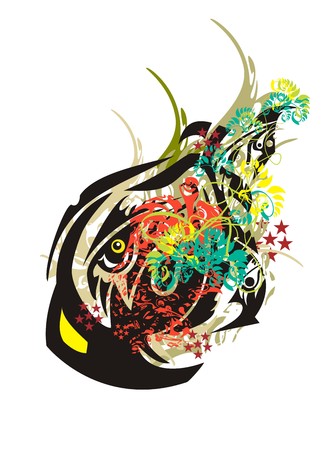 Colorful eagle splashes. Close up of the eagle head with a huge beak against the background of floral splashes, red asterisks and decorative elements in grunge styleのイラスト素材