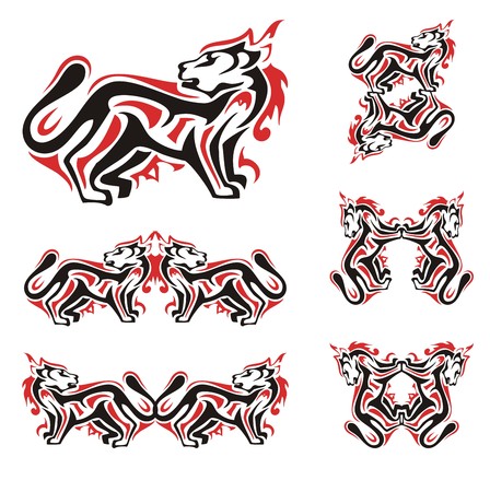 Cat symbols in red and black tones. Silhouette of the stylized cat and the double symbols of a cat formed from it, ready for a tattoos, vinyl cutting and otherのイラスト素材