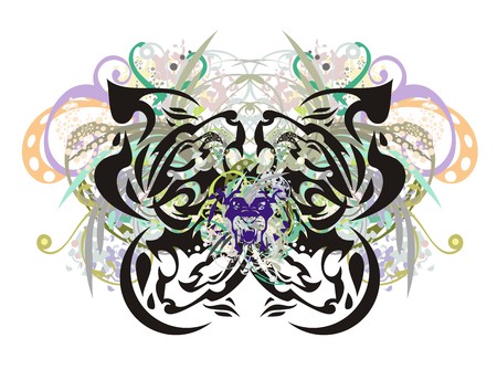 Ornate floral butterfly with lion-eagle head inside.のイラスト素材
