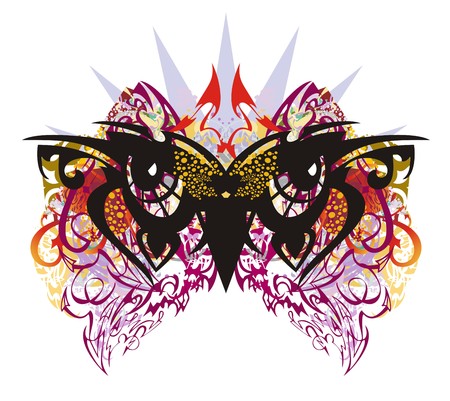 Grunge owl eyes with colorful splashes. Awful peaked owl's eyes with colorful twirled elements, red hearts and red arrowsのイラスト素材