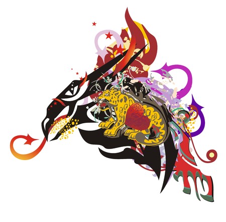 Flaming dragon head symbol in grunge style. Peaked dragon with arrows, with colorful elements, an element of a jaguar and red heartのイラスト素材