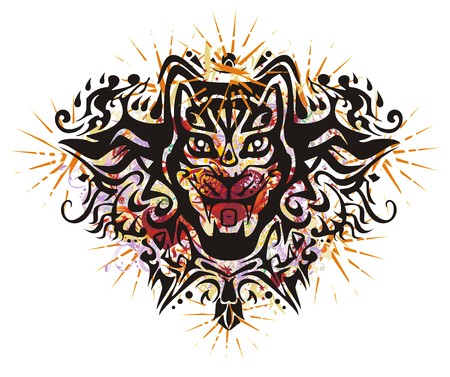 Grunge cat head with red hearts and stars. Closeup aggressive muzzle of a black cat with colorful ornate elements and orange starsのイラスト素材