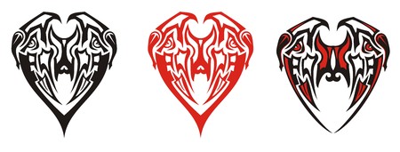 Tribal eagle heads in the heart form. Abstract stylized double eagle symbol in the form of heart - three options on a white backgroundのイラスト素材