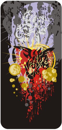 Grunge vertical card with a bloody dragon. Aggressive winged dragon against the background of bloody splashes, gold coins and the decorative sun on a black backgroundのイラスト素材