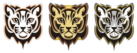 Closeup of the tribal cat head - three options. Three laconic heads of a wild cat can be used as a bookmark, an embroidery, a tattoo and anotherのイラスト素材