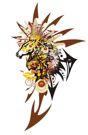 Majestic monster horse head with arrows. Splattered ethnic horse head mascot created by the head of a dragon with an aggressive leopard head inside and the colorful twirled floral splashesのイラスト素材