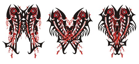 Three awful splattered bloody symbols. Bloody scary fishes for your design. Black and red on whiteのイラスト素材