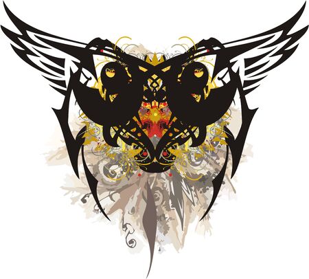 Awful owl symbol with pastel splashes. Grunge scary closeup owl symbol with colorful floral elements on a white backgroundのイラスト素材