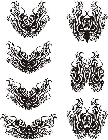 Tribal ornamental bird eyes symbols. Floral decorative symbols of owl eyes for carnival masks, tattoo, embroidery, textiles, prints, etc. Black on whiteのイラスト素材