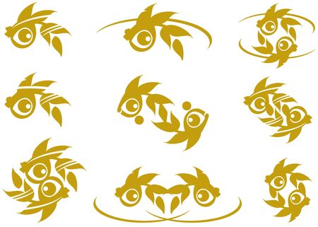 Golden fish icons and double fish symbols. Goldfish with stripe and double icons of fish on white background for restaurant menu, horoscope, tattoo, prints, textiles, embroidery, engraving, etc.のイラスト素材