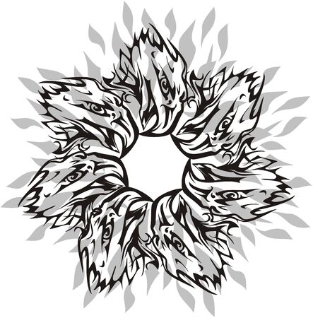 Ornate frame created from bald eagle head. Abstract flaming frame in black and white tones like a flower formed by eagle heads isolated on white for your designのイラスト素材