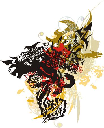 Awful monster symbol with colorful splashes. Grunge ornamental horse head with dragon and eyes elements against colored floral splashes and blood dropsのイラスト素材