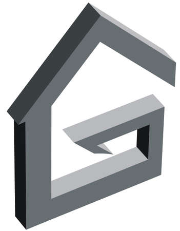 3d house icon on a white backdrop. Abstract geometric symbol of the house in the form of the letter G in gray tones. Emblem, estate logo, real estate, apartment, web iconのイラスト素材