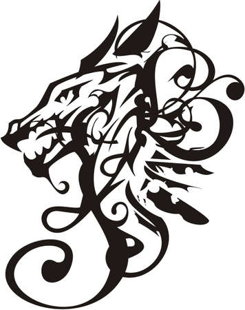 Tribal twirled dragon head symbol. Aggressive young dragon head with floral decorative elements and feathers for tattoos, prints, embroidery, wallpaper, etc. Black and whiteのイラスト素材