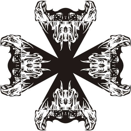 Tribal eagle cross. A fear-inspiring dark cross formed from eagle heads can be used in heraldry, on pirate flags, tattoo, textile, vinyl cutting, etc. Black and whiteのイラスト素材