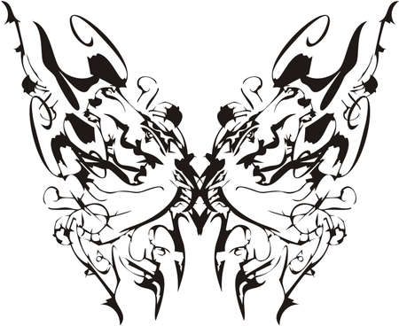 Ornate linear beautiful butterfly wings. Ornamental butterfly wings with a unique pattern for creative ideas. Wings formed by outline horse heads. Black and whiteのイラスト素材