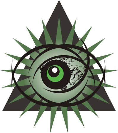 Power eye concept on a white backdrop. Huge all-seeing green eye as a symbol of power against a pyramid in dark tonesのイラスト素材